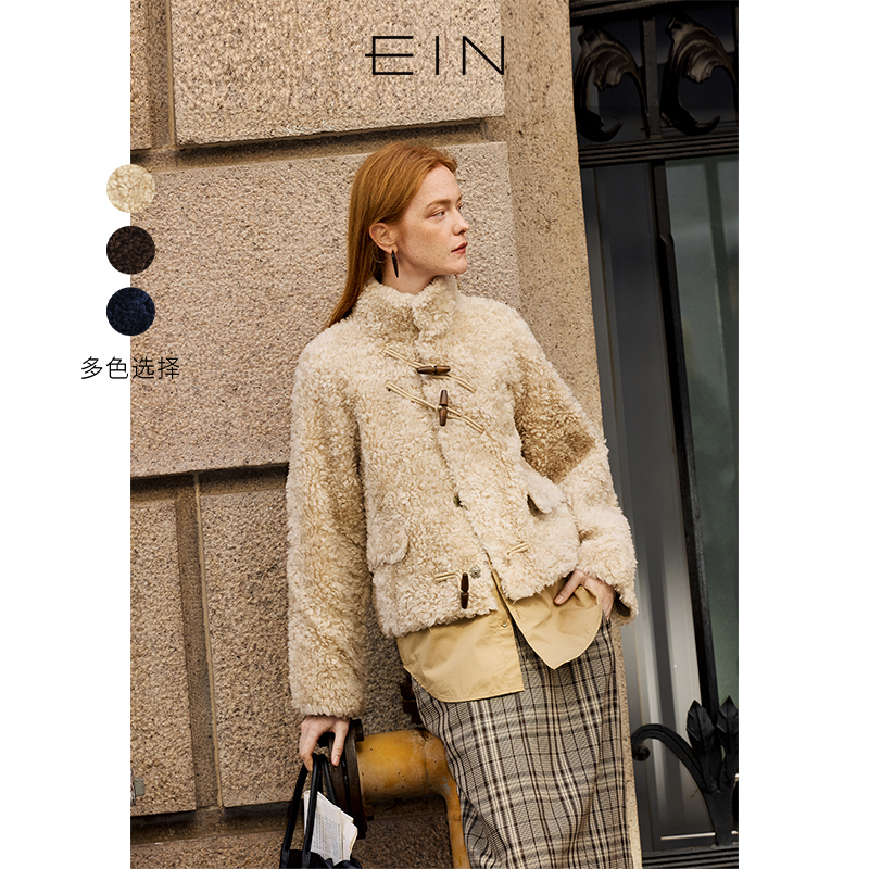 EIN/言雅丹风美拉德牛角扣文艺翻立领毛绒时尚短款小香风秋冬款