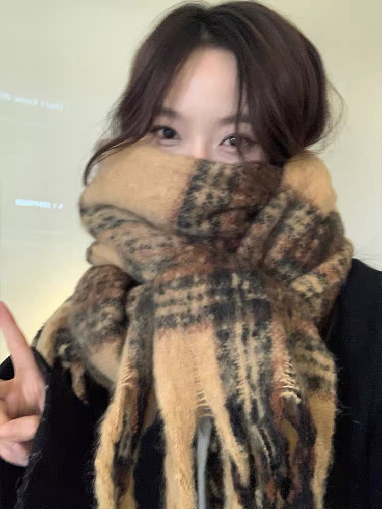 美拉德风~复古围巾女冬季新款学生百搭保暖围脖百搭防寒披肩两用