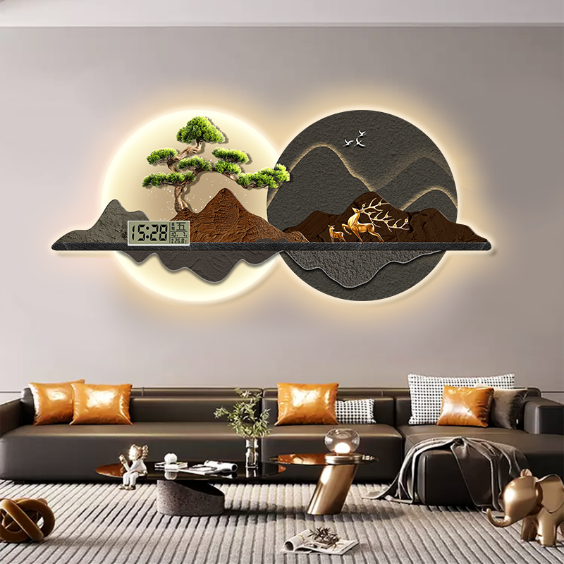 迎客松鹿万年历现代轻奢钟表挂钟客厅沙发背景墙装饰画灯挂画时钟