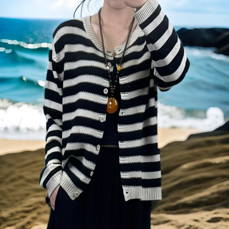 棉线针织百搭不起球圆领气质宽松秋季休闲复古开衫秋季显瘦6010