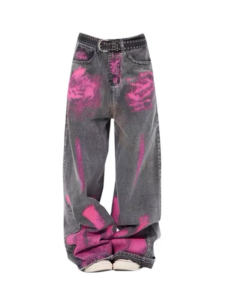 涂鸦vibe设计感美式高街复古阔腿牛仔裤女春秋款潮牌hiphop裤子