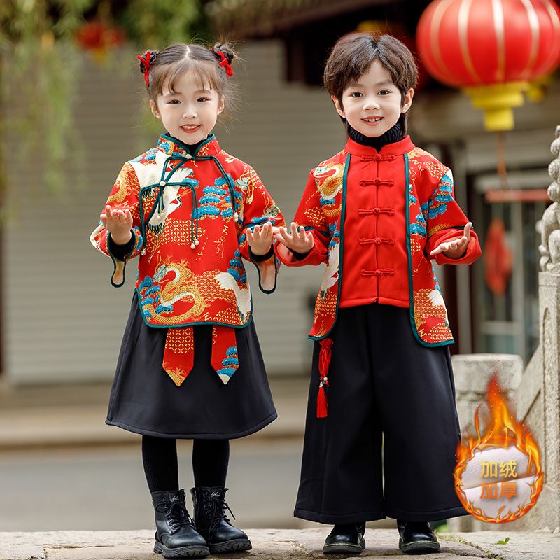 兄妹款加绒国潮图腾套装2023冬季新款男女童红色拜年服演出服装II