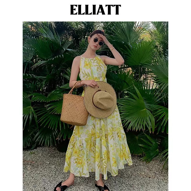 ELLIATT 挂脖吊带连衣长裙黄色印花夏季度假轻ETM060523