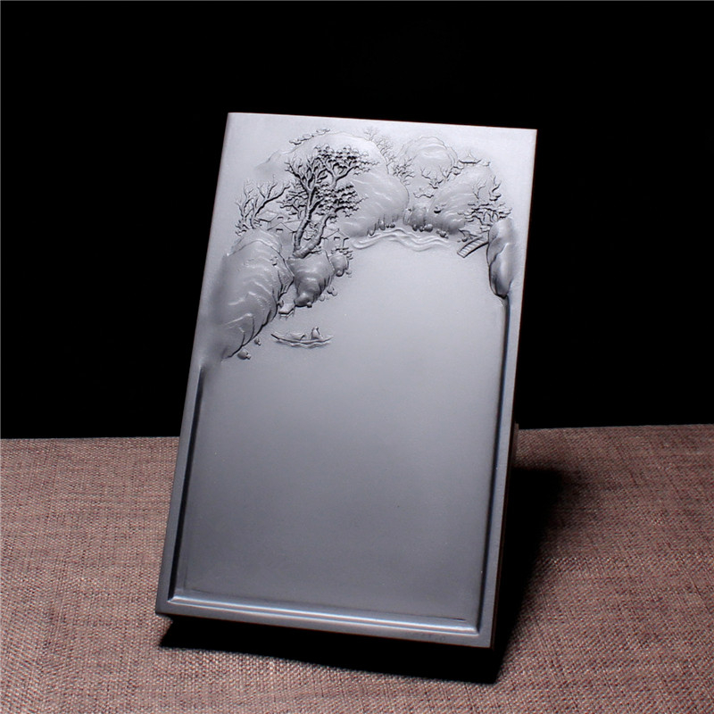7寸砚台湖光山色17.7x11x2.3cm配木盒歙砚黑龙潭天然石头精品