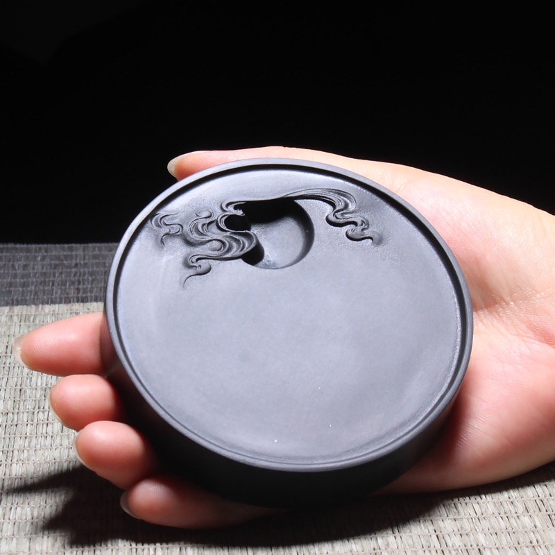 圆形小楷歙砚龙潭坑黑龙尾原石便携初学学生砚台