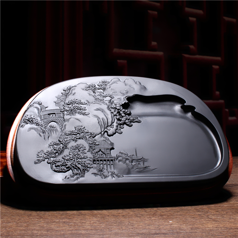 锦绣江南21.5x12.5x2.5cm歙砚黑龙潭石料原石雕刻精品