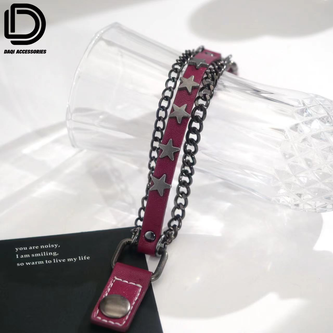 铜合金皮质手链 03819大淇原创酒红色五角星红色皮质甜酷风手链