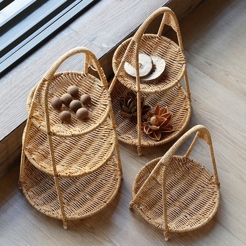 【小扬哥精选】双层水果零食盘桌面茶几干果架点心篮手工编家用糖
