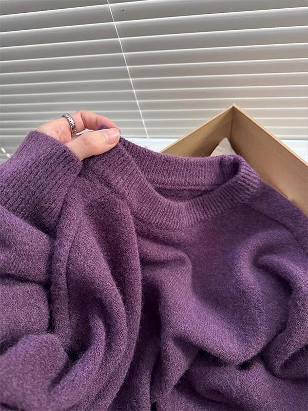 高级感气质显白紫色软糯毛衣打底衫女圆领套头针织衫上衣