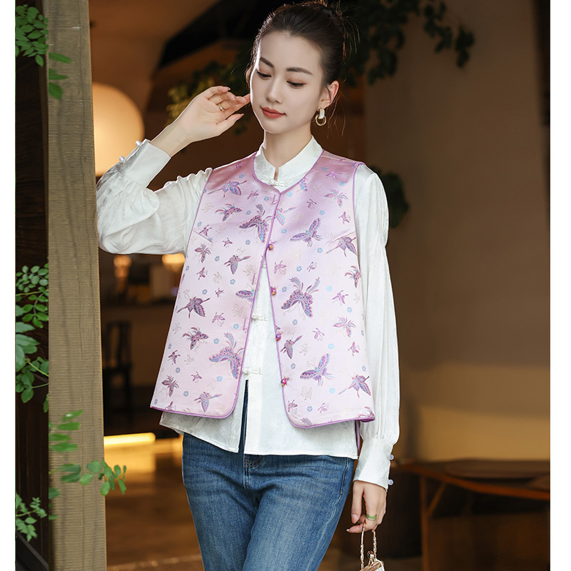 马甲外穿无袖圆领女士复古短款中国风印花马夹新中式提花秋冬上衣