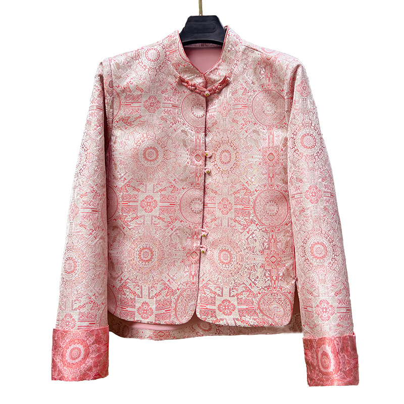 新中式加棉国风宋锦提花立领中国风外套2025女冬季粉色禅意上衣