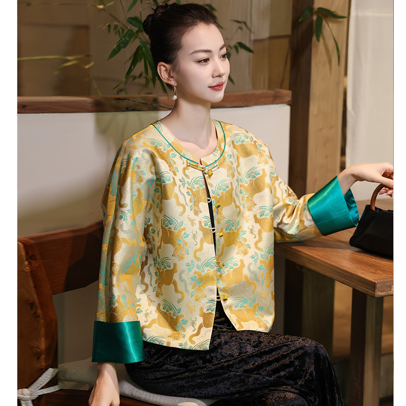 老钱风宋锦短外套女2025春季长袖提花中式上衣女春秋宽松马甲国风