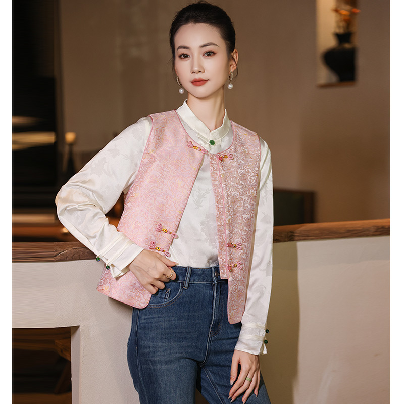 上衣马甲时尚中国风无袖中式马夹文艺提花气质百搭短款女士马甲