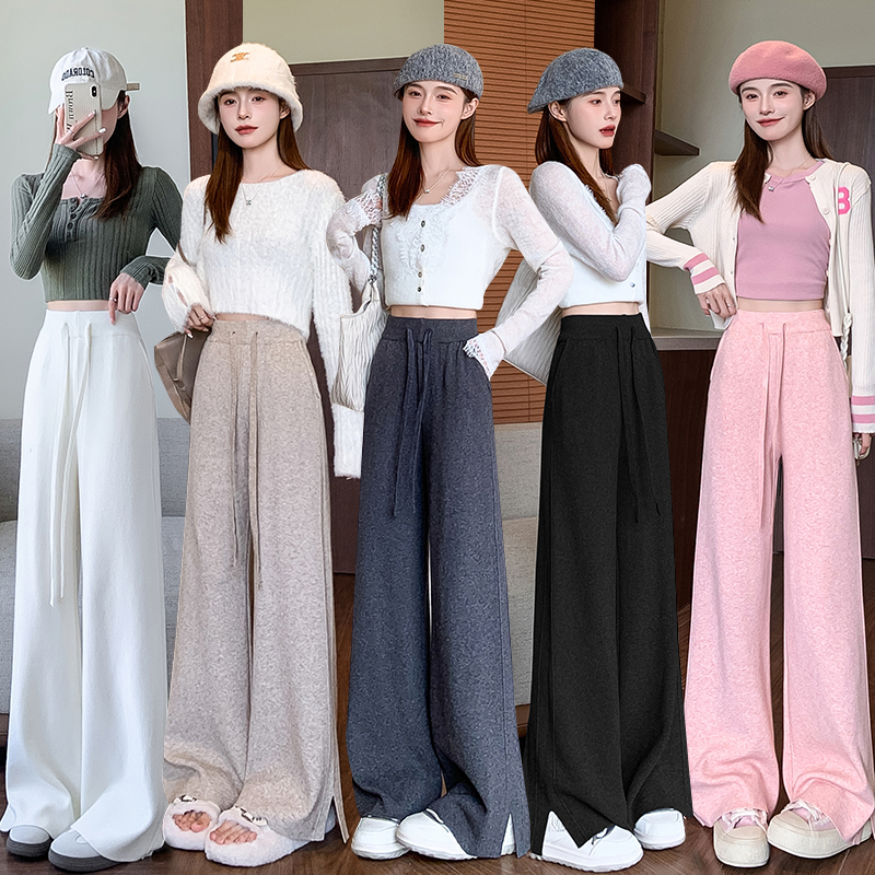 实拍针织开叉阔腿裤女秋冬百搭显瘦垂感高腰直筒弯刀裤窄版香蕉裤