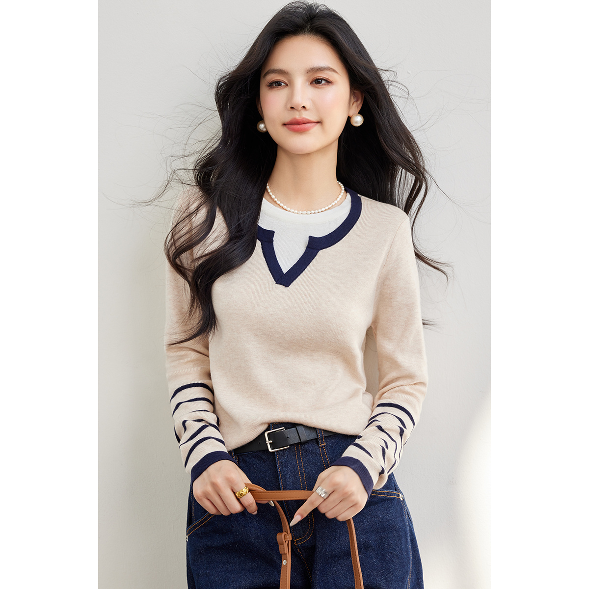 实拍◆现货◆法式条纹假两件v领叠穿针织衫2024秋季新款