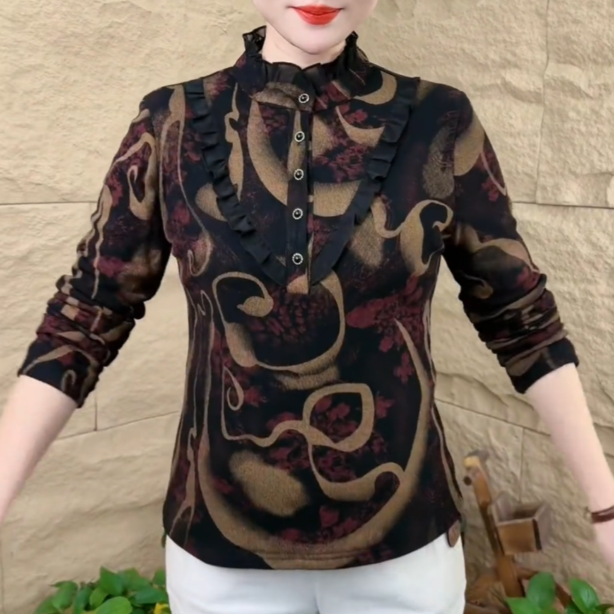 冬季加绒拼色打底衫假两件妈妈装加厚上衣时尚洋气保暖4