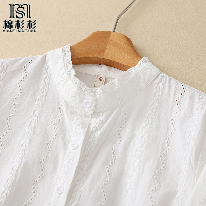 纯棉衬衫女 立领绣花花边 宽松显瘦名族勾花工艺蕾丝春秋衬衣