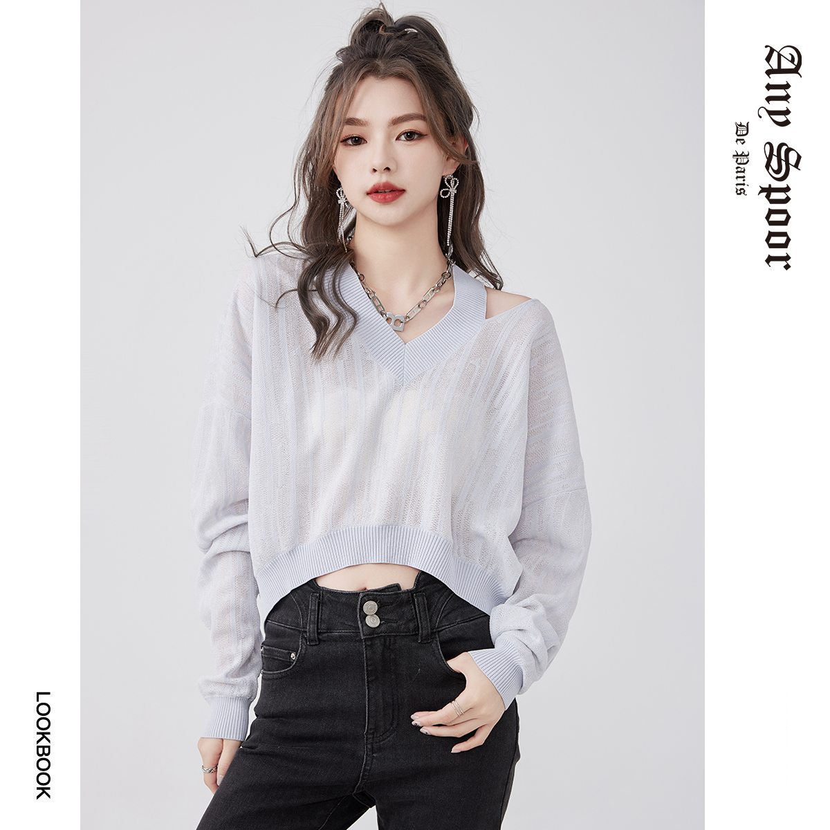 【ANY SPOOR】时尚镂空设计感百搭套头长袖针织衫19617