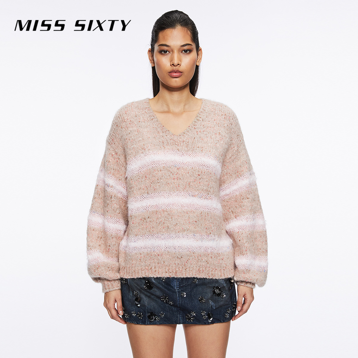 Miss Sixty冬季新款针织衫女复古条纹灯笼袖毛衣简约慵懒风