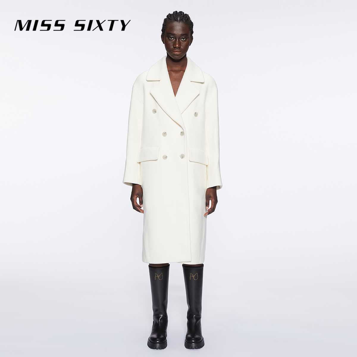 Miss Sixty冬季新款气质米白毛呢大衣女西装领长款优雅