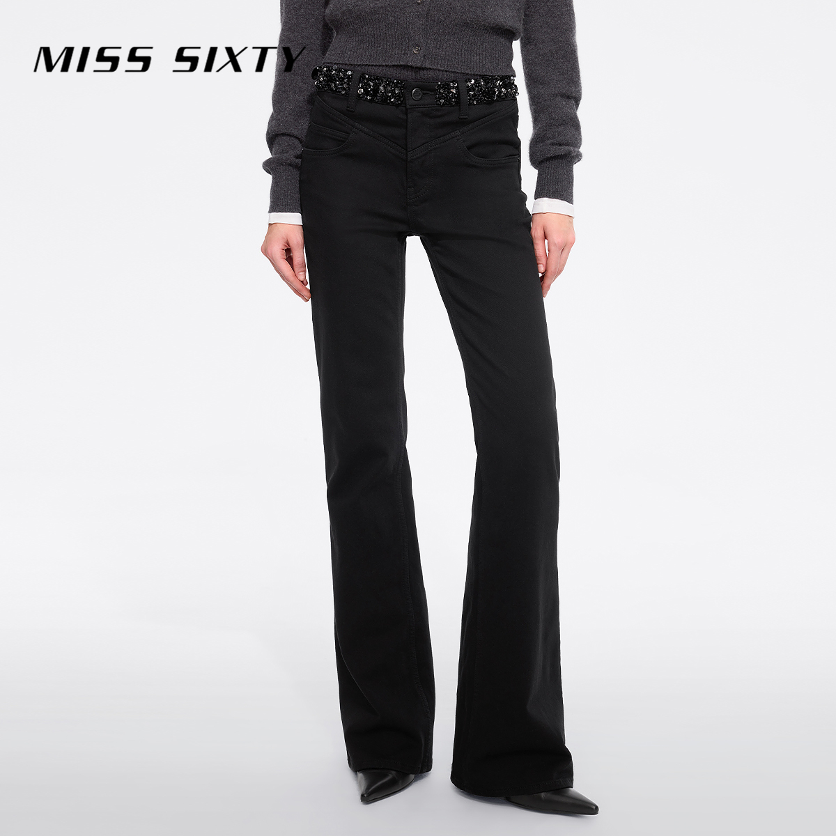 Miss Sixty冬季新款牛仔裤女复古喇叭裤重工钉珠磨毛小黑裤