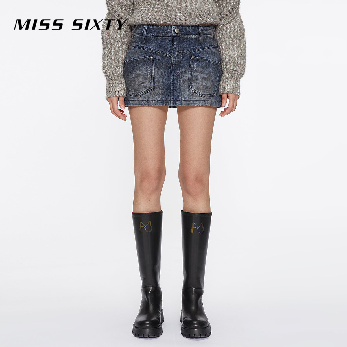 Miss Sixty冬季新款牛仔半身裙女复古做旧磨白低腰超短裙夹棉