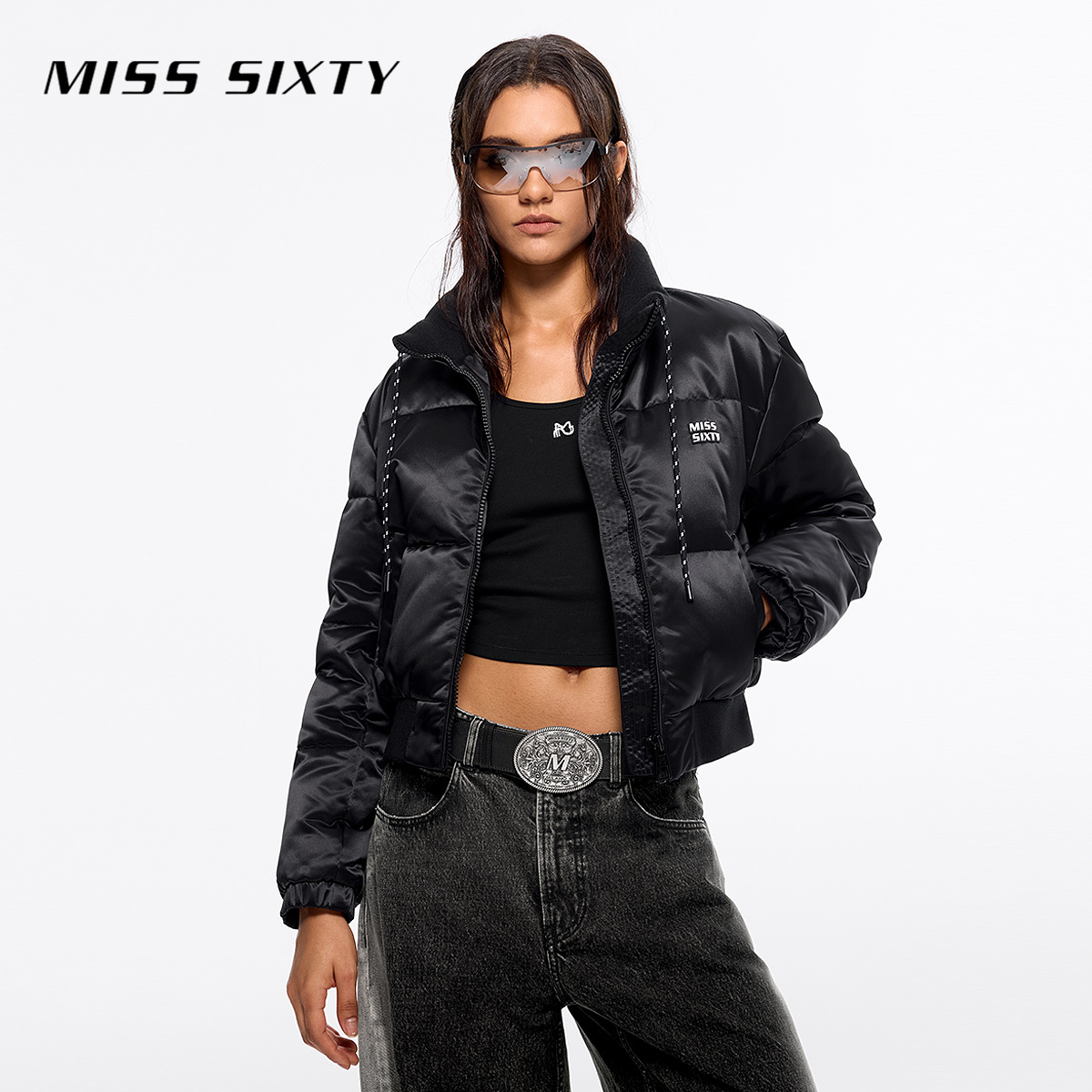 Miss Sixty冬季新款羽绒服女立领抽绳短款外套鸭绒亮面机能风