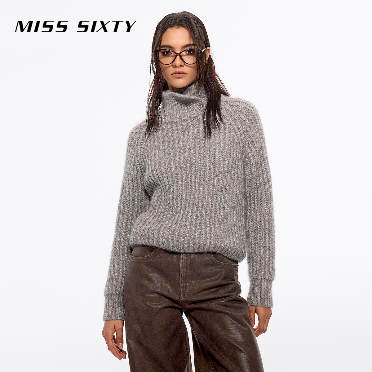 Miss Sixty冬季新款针织衫女高领毛衣复古慵懒落肩羊驼毛百搭