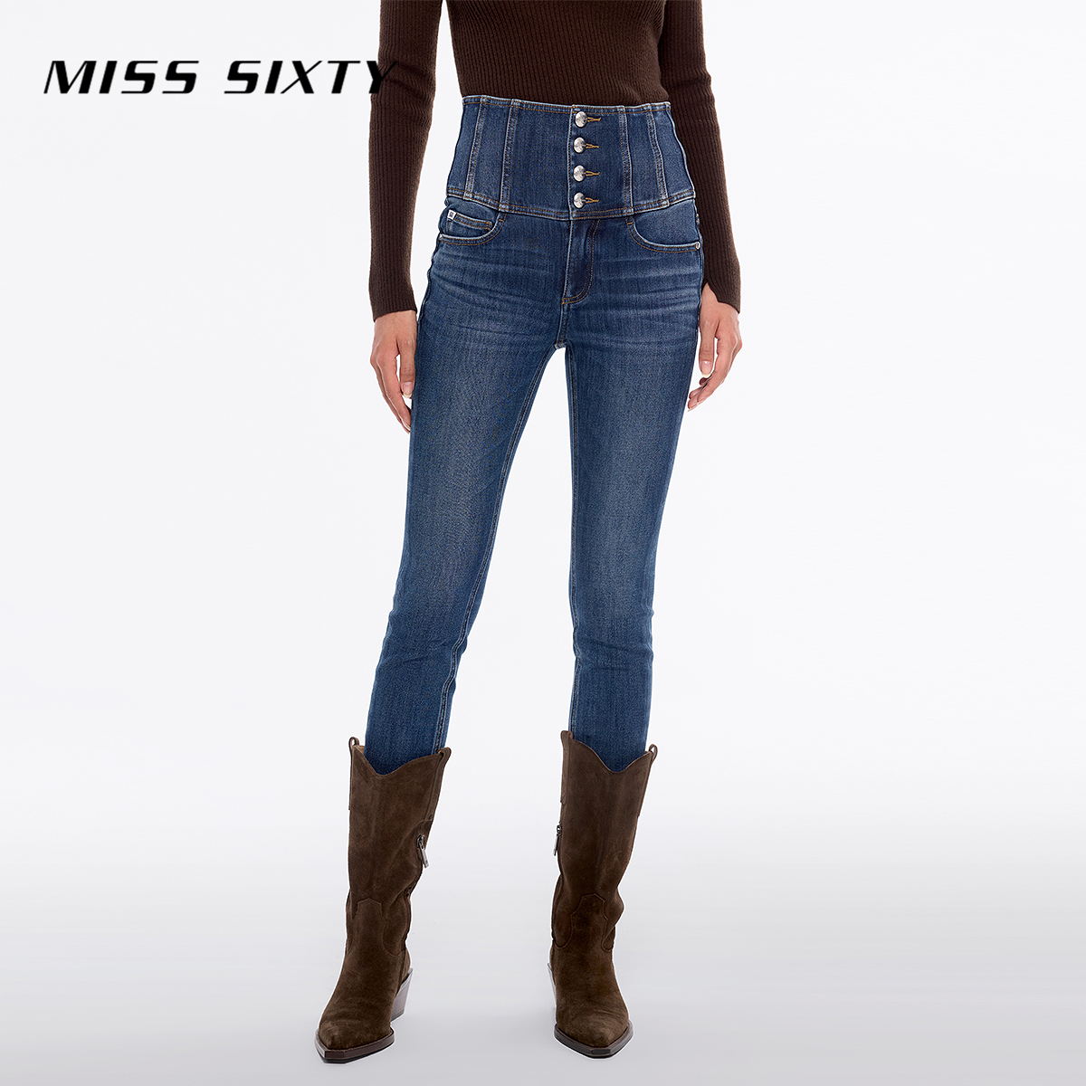 Miss Sixty冬季新款牛仔裤女四扣超高腰修身显瘦小脚裤