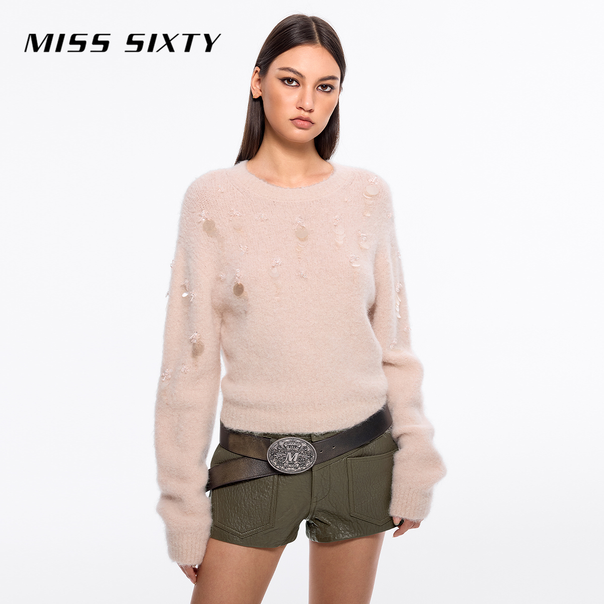 Miss Sixty冬季新款针织衫女圆领重工钉珠设计感毛衣派对高级