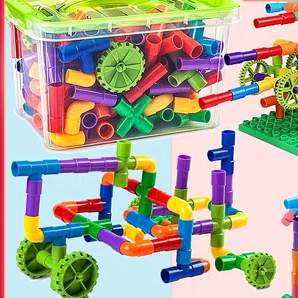 儿童水管道积木~益智拼插diy塑料玩具幼儿园早教拼装孩子蓝色立体