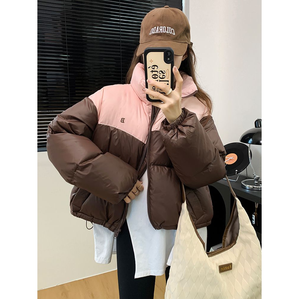 羽绒服女冬季新款韩版小个子字母拼接情侣宽松保暖时尚外套