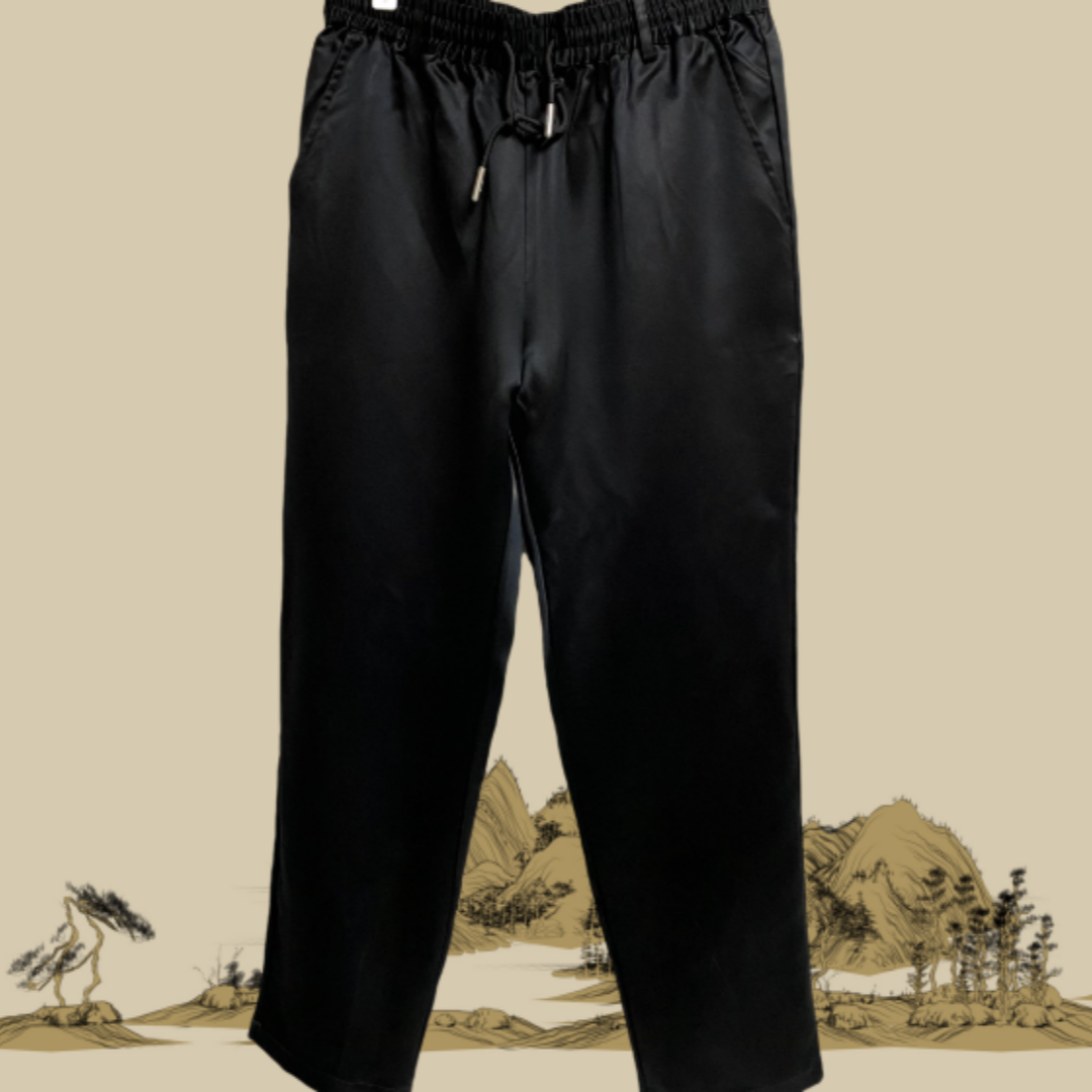 馨蕴古玥 重缎皮子男裤 黑色春秋款百搭平纹缎男士长裤商务休闲裤