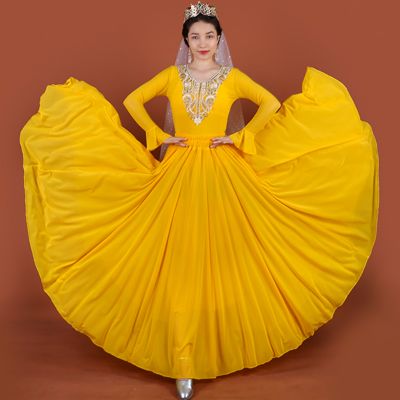 舞蹈服双层民族风长款维族民族风720大摆裙两件套720度舞蹈大摆裙