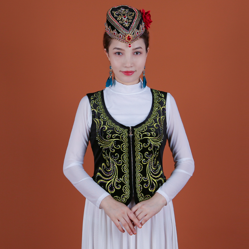 天山美翼新疆舞蹈服维吾尔族女士刺绣金丝绒短马甲