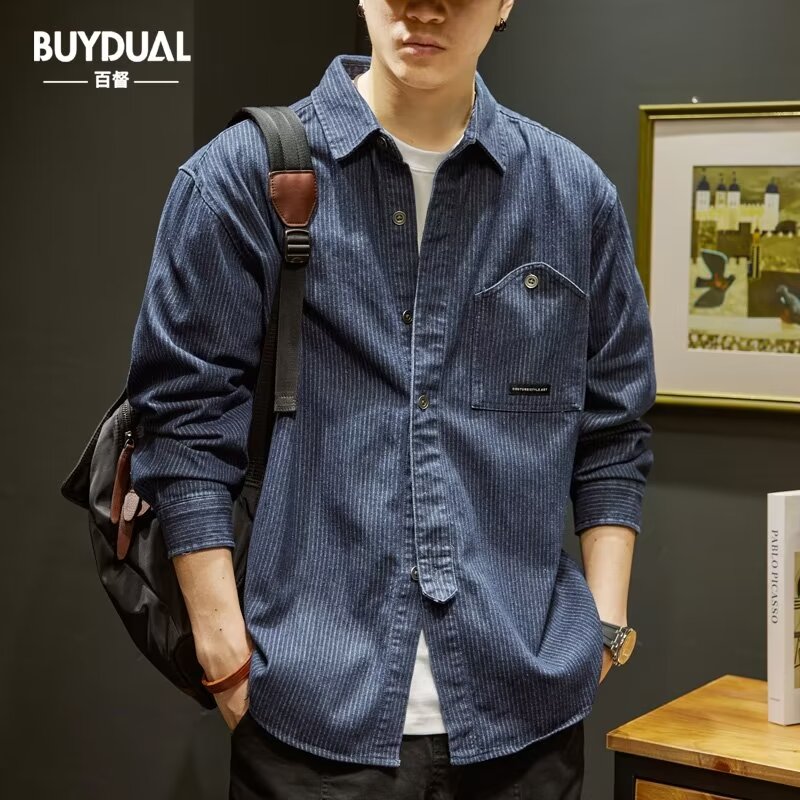 秋冬潮牌宽松百搭cityboy衬衣日系条纹长袖衬衫男