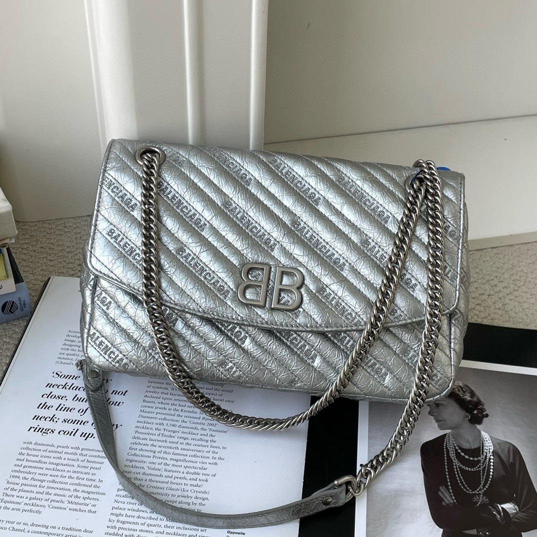 99新 Balenciaga/巴黎世家 巴黎世家银色大号logo肩背包DJM2-6858
