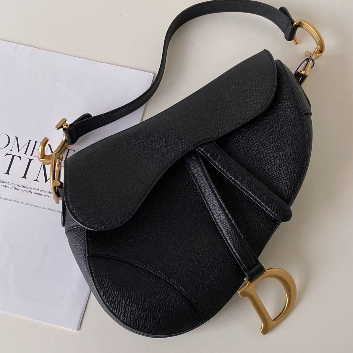 99新 DIOR/迪奥 黑金全皮马鞍中号JM10-0720