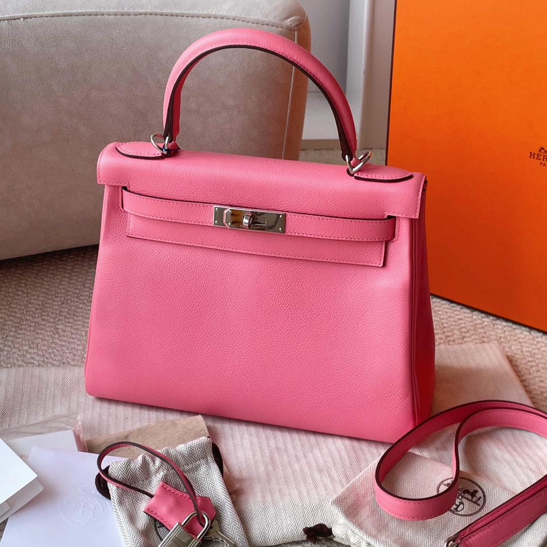 95新 Hermes/爱马仕 kelly28银扣夏日粉内拼异国红 y刻JM2-5924