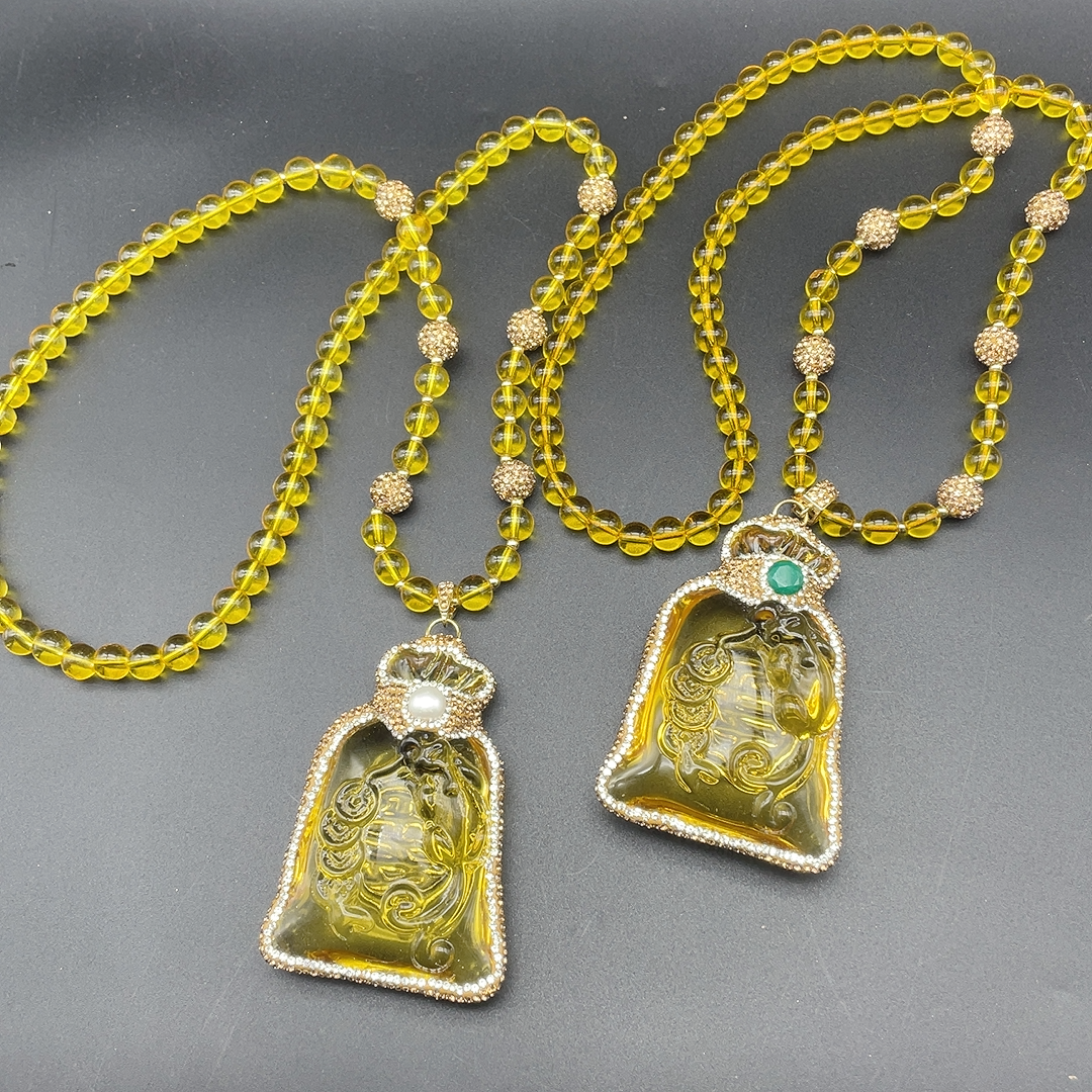 铜合金合成锆石吊坠 时尚中古雕刻钱袋子毛衣链