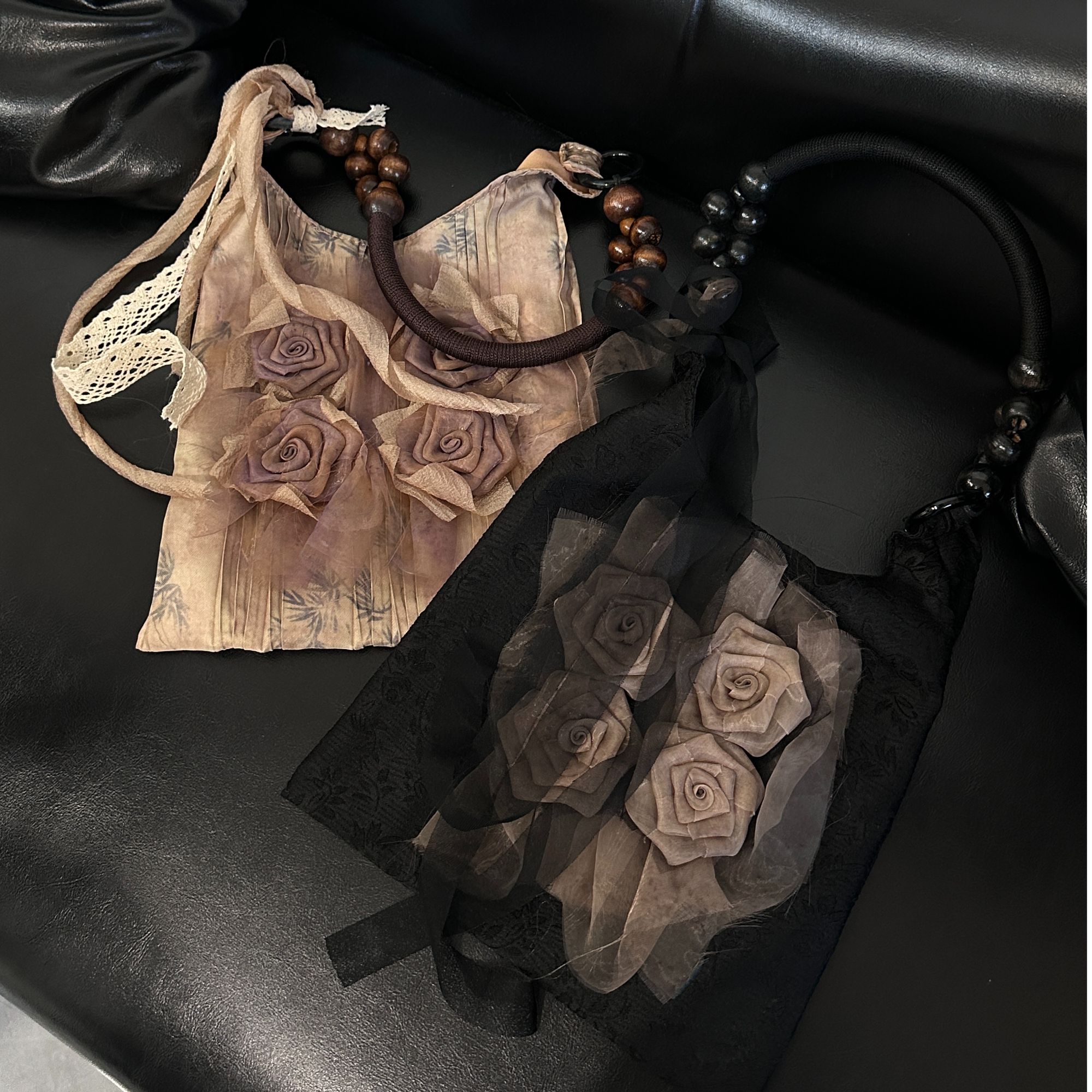 新中式手提包小众黑色ins提花百搭手提袋玫瑰森系国风重工立体