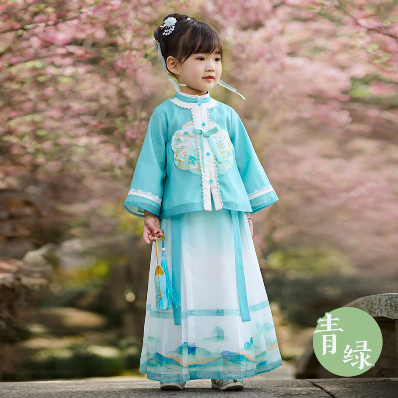 萌乎【青绿】女童汉服套装刺绣中国风古风儿童唐装春装-231944春秋