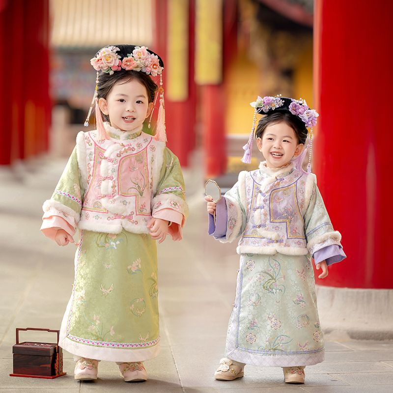 萌乎【小紫薇冬】女童加绒加厚秋冬格格服马甲内搭旗袍套装244919