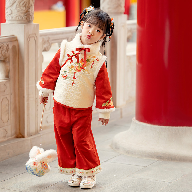 萌乎【柿柿如意】女童汉服裙子套装秋冬加绒唐装新国风童装-234201