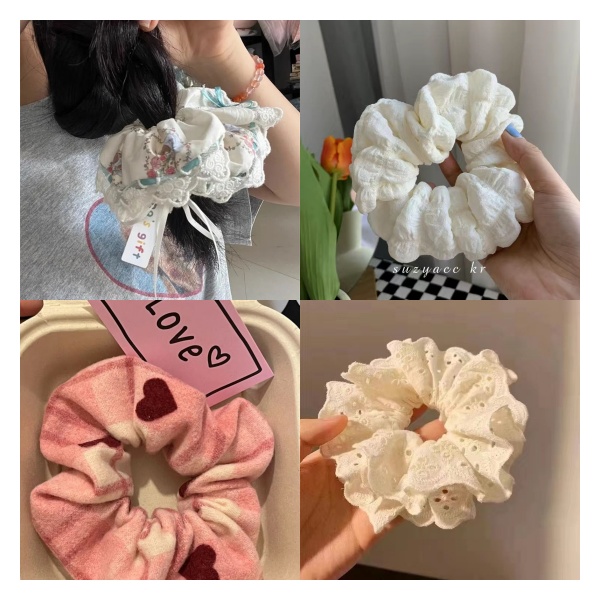 韩式发饰高品质甜美粉色小清新蕾丝花边可爱少女奶油风条纹发圈~