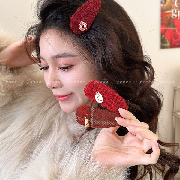 新年红色系刘海侧边夹女前额碎发刘海夹子头饰秋冬毛绒bb夹发卡~