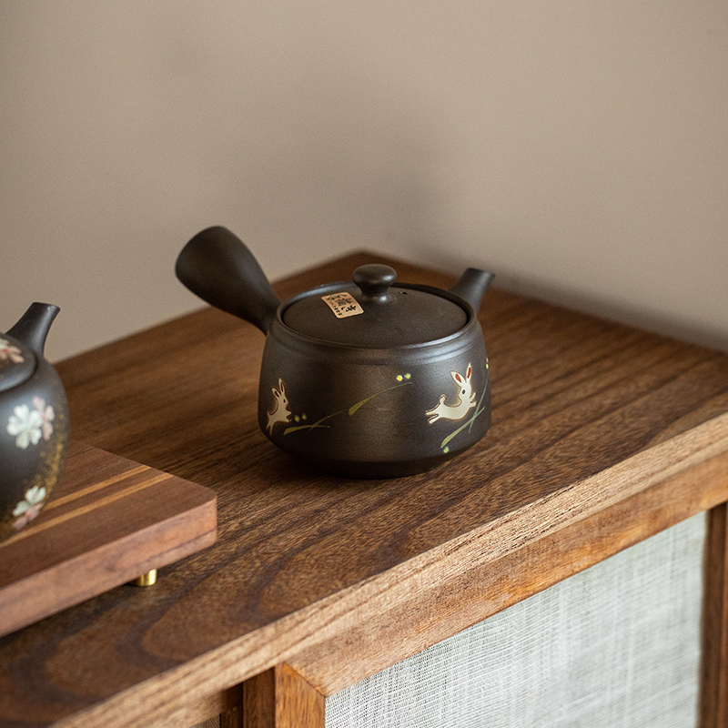 同合日本进口常滑烧夏梦逐光兔侧把急须日式手绘猫头鹰茶壶茶道