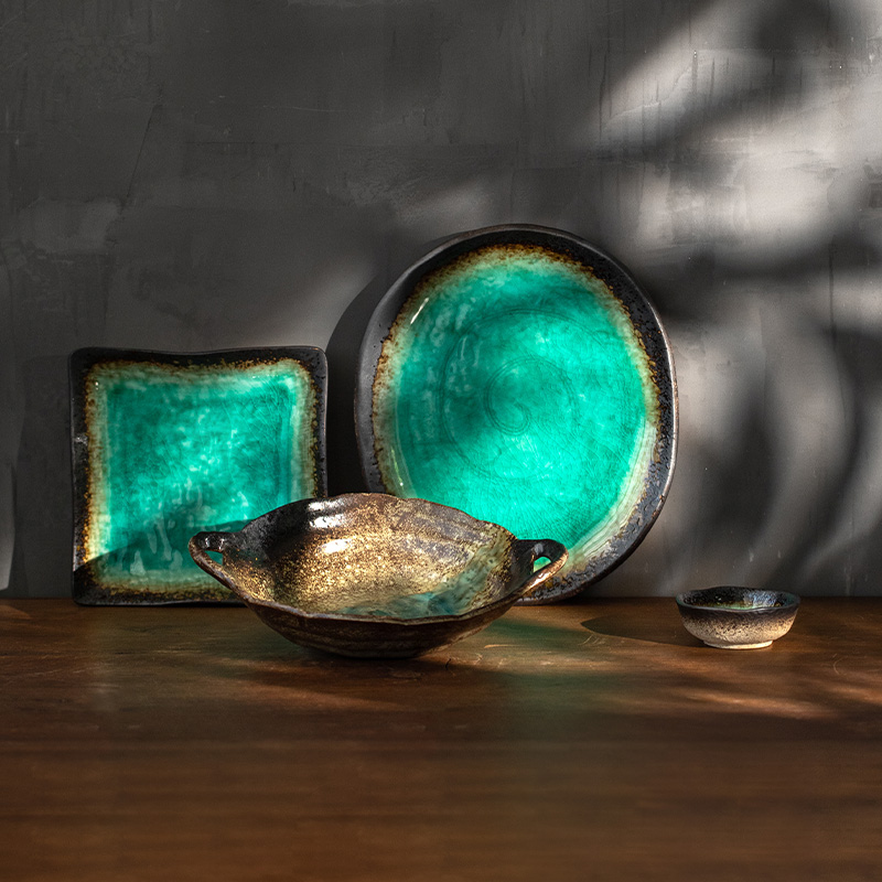 同合日本进口新海大盘日式简约清新湖水蓝双耳钵家用方盘陶瓷盘子