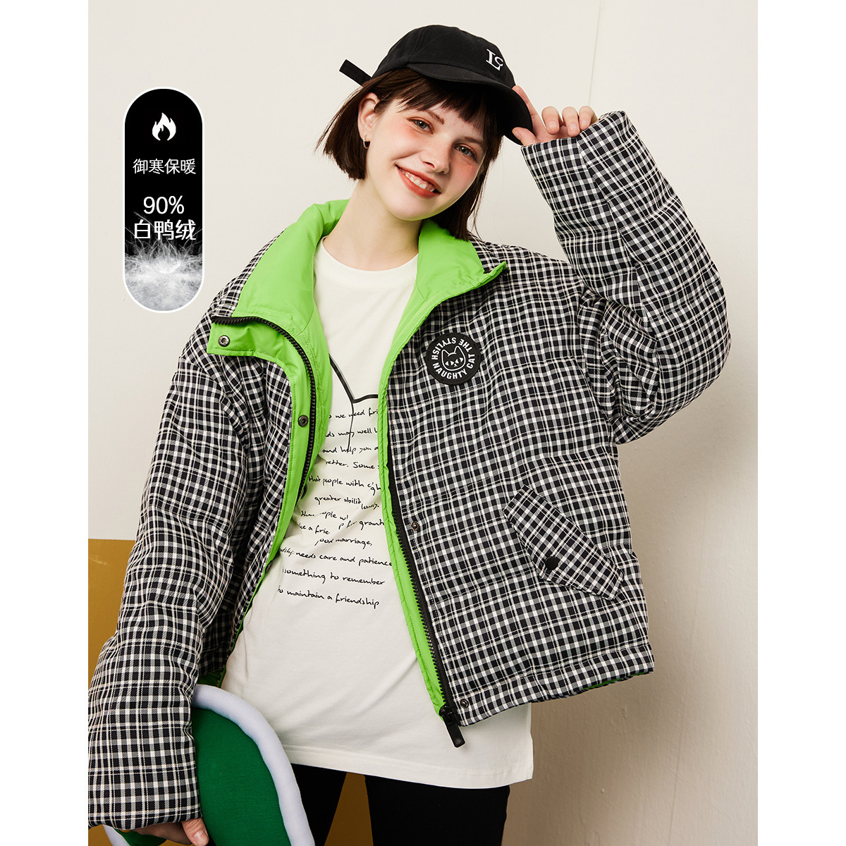 a02【金拐子专属】90白鸭绒保暖舒适羽绒服格纹设计外套AEE4Y5932