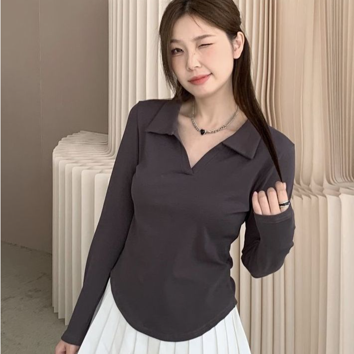 大码正肩显瘦polo领长袖t恤女2024年春季纯色打底衫微胖遮肉上衣